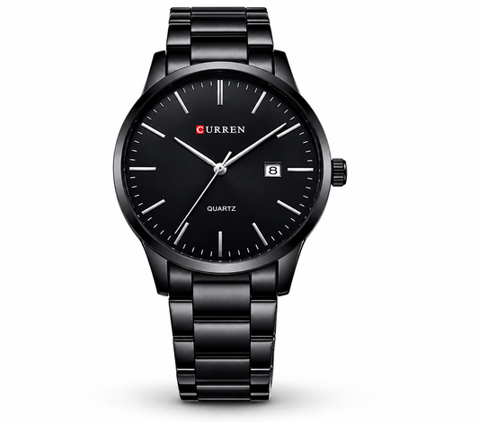 men's black stainless steel analog watch with quartz movement, minimalist black dial, and stainless steel bracelet for casual, business, and everyday wear.
